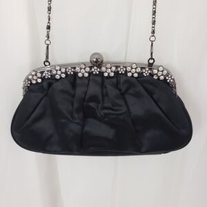 Black satin convertible evening bag floral rhinestone hinged